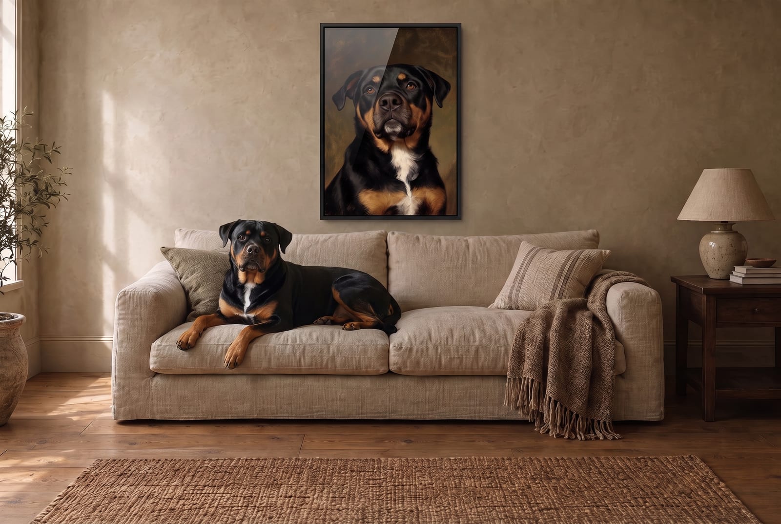 A rottweiler lying on a linen sofa beneath its Heirloom portrait in a black box frame