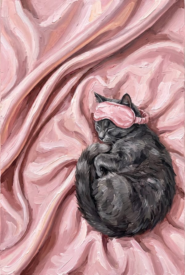 A grey cat curled asleep on pink satin, a pink silk sleep mask on its head, seen from above
