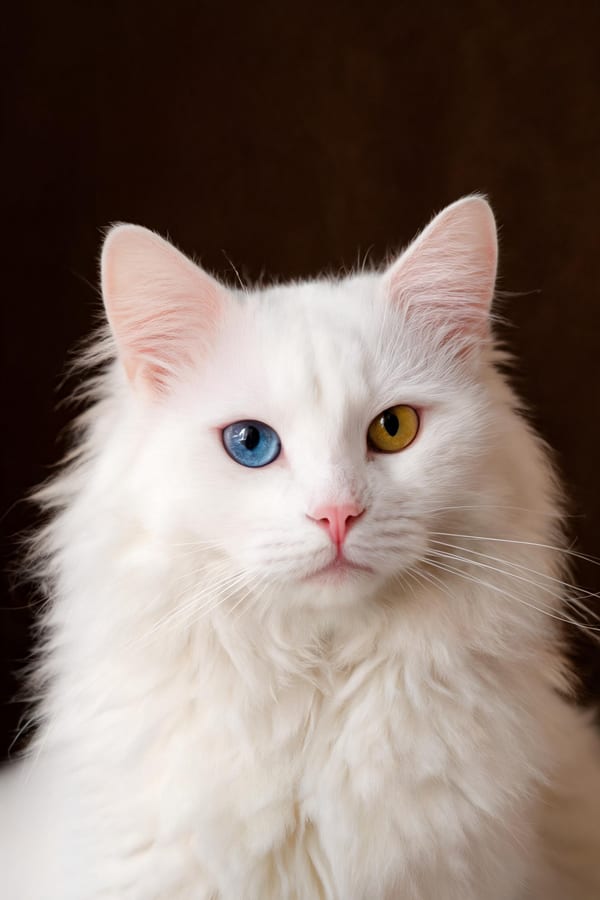 A white long-haired cat with one blue eye and one amber eye, in natural colour on warm dark brown